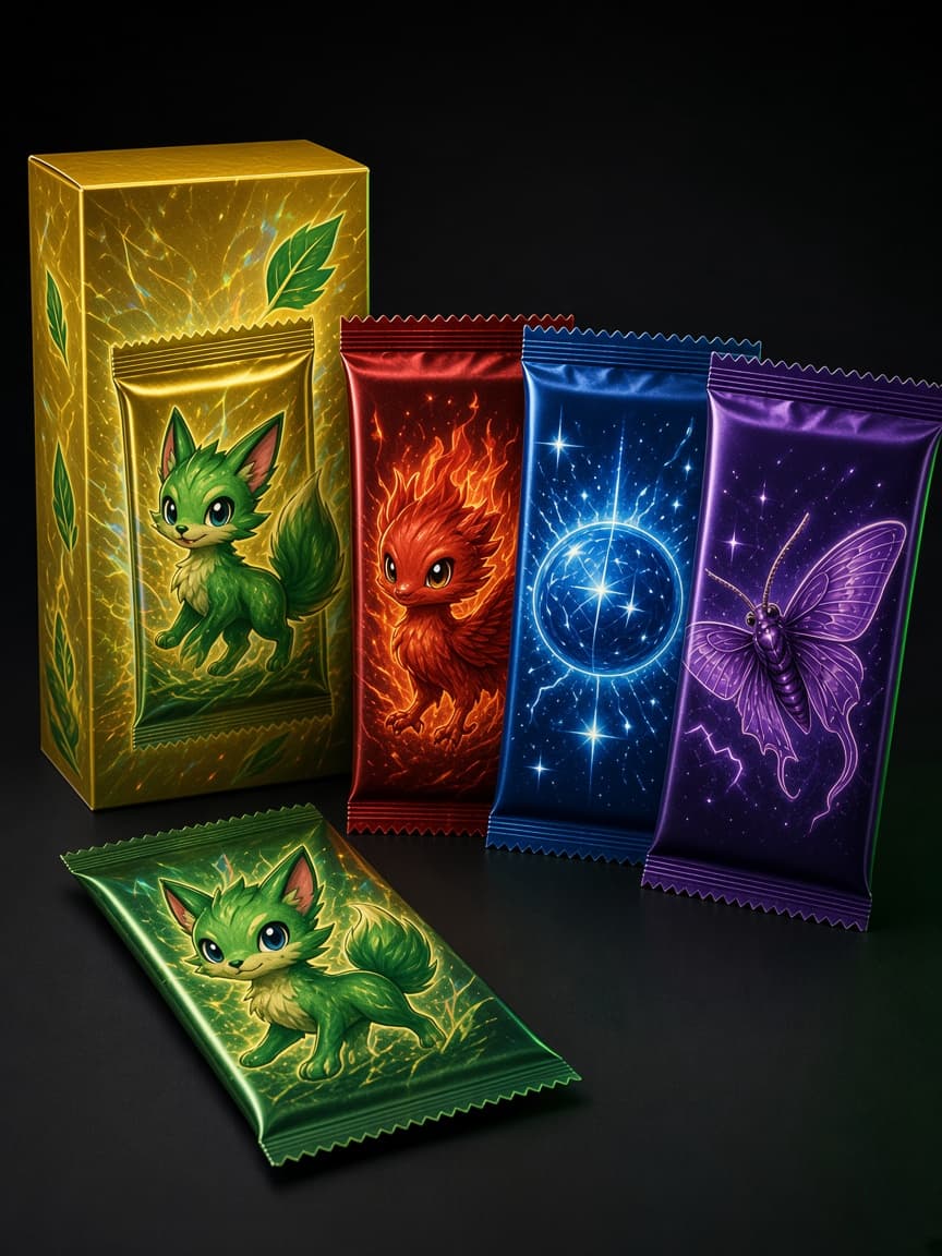 Sealed generic trading-card packs and a booster box on a dark surface